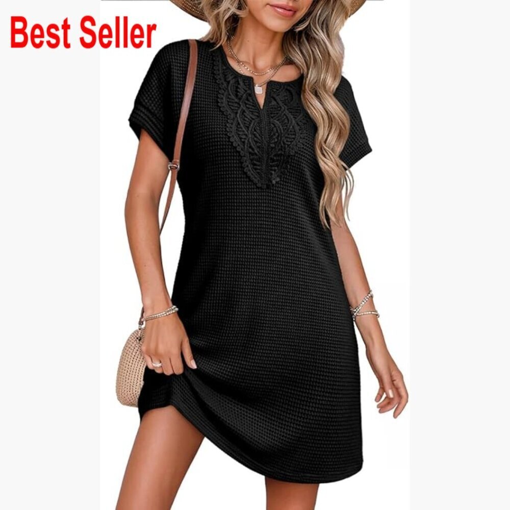 Waffle Knit Embroidered V Neck Swimsuit Coverup Beach Dress